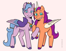 Size: 3738x2919 | Tagged: safe, artist:daisy_marshmallow, imported from derpibooru, queen haven, sunny starscout, alicorn, pegasus, pony, blushing, cute, duo, duo female, female, g5, holding hooves, lesbian, looking at you, shipping, simple background, smiling, smiling at you, sunnycorn, sunnyhaven