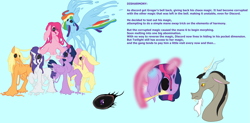 Size: 3015x1485 | Tagged: safe, artist:brybrychan, imported from derpibooru, applejack, discord, fluttershy, pinkie pie, rainbow dash, rarity, twilight sparkle, alicorn, draconequus, earth pony, goo, goo pony, original species, pegasus, pony, unicorn, black sclera, blue background, bust, female, glowing, glowing horn, horn, male, mane six, mare, melting, simple background, twilight sparkle (alicorn)