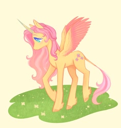 Size: 1210x1280 | Tagged: safe, artist:quartzbunny, imported from derpibooru, fluttershy, alicorn, pony, alicornified, fluttercorn, leonine tail, race swap, simple background, solo, spread wings, tail, wings, yellow background