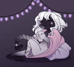 Size: 1100x1000 | Tagged: safe, artist:purplegrim40, imported from derpibooru, oc, oc only, anthro, earth pony, unguligrade anthro, animated, blanket, braid, christmas, christmas lights, commission, ear flick, earth pony oc, eyes closed, floppy ears, gif, holiday, mug, pillow, simple background, smiling, solo, string lights, ych result