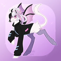 Size: 1002x1000 | Tagged: safe, artist:purplegrim40, imported from derpibooru, oc, oc only, bat pony, pony, abstract background, bat pony oc, bow, clothes, female, fishnets, gradient background, hair bow, mare, raised hoof, solo