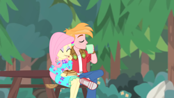 Size: 1920x1080 | Tagged: safe, alternate version, edit, edited screencap, imported from derpibooru, screencap, big macintosh, fluttershy, human, equestria girls, equestria girls series, wake up!, spoiler:eqg series (season 2), arm around neck, breakfast, clothes, coffee mug, crossed legs, cute, dress, drinking, duo, eating, eyes closed, female, fluttermac, food, forest, hand on shoulder, male, mug, pancakes, picnic table, shipping, shyabetes, sitting, straight, table, wake up!: applejack
