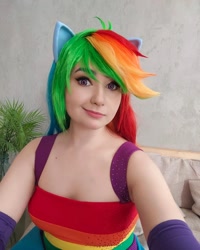 Size: 1080x1350 | Tagged: safe, artist:seabeersky, imported from derpibooru, rainbow dash, human, breasts, cleavage, clothes, cosplay, costume, dress, fall formal outfits, irl, irl human, photo, selfie, sleeveless, smiling, solo, wrong eye color