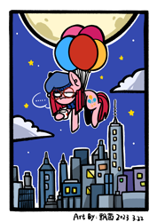 Size: 2480x3508 | Tagged: safe, artist:飘菌碍函数, imported from derpibooru, pinkie pie, earth pony, pony, balloon, clothes, coffee, female, floating, flying, glasses, hat, mare, moon, night, pinkamena diane pie, scarf, skyscraper, then watch her balloons lift her up to the sky
