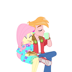 Size: 2250x2250 | Tagged: safe, anonymous artist, imported from derpibooru, big macintosh, fluttershy, human, equestria girls, equestria girls series, wake up!, spoiler:eqg series (season 2), arm around neck, breakfast, clothes, coffee mug, crossed legs, cute, dress, drinking, duo, eating, eyes closed, female, fluttermac, food, hand on shoulder, high res, male, mug, pancakes, shipping, shyabetes, simple background, sitting, straight, transparent background, vector, wake up!: applejack