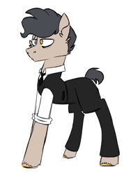Size: 900x1200 | Tagged: safe, artist:fuckomcfuck, imported from derpibooru, oc, oc only, oc:golden touch, earth pony, pony, bags under eyes, clothes, earth pony oc, eye scar, facial scar, fortnite, midas, necktie, ponified, rolled up sleeves, scar, simple background, solo, suit, white background