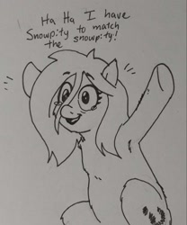 Size: 1733x2080 | Tagged: safe, artist:pony quarantine, imported from ponybooru, oc, oc only, oc:anon-mare, earth pony, pony, dialogue, female, mare, monochrome, snowpity, solo, teary eyes, traditional art