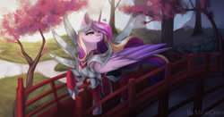 Size: 1280x673 | Tagged: safe, artist:miralichan, imported from derpibooru, princess cadance, alicorn, pony, armor, bridge, digital art, female, flowing mane, flowing tail, folded wings, forest, hoof shoes, horn, leaf, lidded eyes, mare, pink eyes, raised hoof, river, rock, sky, solo, sunlight, tail, tree, walking, water, windswept mane, wings