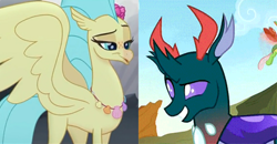 Size: 1136x592 | Tagged: safe, imported from derpibooru, screencap, arista, pharynx, princess skystar, changedling, changeling, classical hippogriff, hippogriff, my little pony: the movie, to change a changeling, :o, bedroom eyes, cropped, cute, derp, eyelashes, female, flower, flower in hair, interspecies, jewelry, lidded eyes, male, necklace, open mouth, prince pharynx, shipping, shipping domino, skyabetes, skynx, spread wings, straight, talking, wings