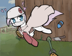 Size: 1140x884 | Tagged: safe, artist:solid shrimp, imported from derpibooru, nurse redheart, earth pony, pony, /mlp/ tf2 general, boots, cleaver, clothes, face mask, female, grass, grenade, heart, helmet, mare, mask, medic, rocket, shoes, solo