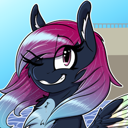 Size: 1000x1000 | Tagged: safe, artist:aryn, imported from derpibooru, oc, oc:astral empyrean, pegasus, pony, bust, colored wings, female, gradient mane, gradient wings, looking at you, mare, one eye closed, pegasus oc, portrait, smiling, solo, wings, wink, winking at you