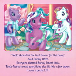 Size: 2350x2350 | Tagged: safe, artist:lyn fletcher, imported from derpibooru, sunny daze (g3), sweetsong, toola roola, earth pony, pony, bipedal, dialogue, female, g3, hoof hold, mare, pony pop stars, scan, trio