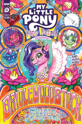 Size: 2063x3131 | Tagged: safe, artist:sophillia, idw, imported from derpibooru, pipp petals, pegasus, pony, snail, spoiler:comic, spoiler:g5, spoiler:g5comic, banjo, bridlewoodstock, cherry, color porn, colorful, comic cover, diadem, dreadlocks, dreamlands, electric blue (g5), female, flower, food, g5, garland, guitar, headband, heart, high res, jewelry, mare, music notes, musical instrument, my little pony logo, official, official comic, peace symbol, regalia, ruby jubilee, smiley face