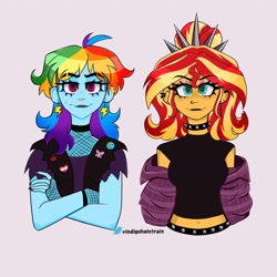 Size: 2048x2048 | Tagged: safe, artist:indigohatetrain, imported from derpibooru, rainbow dash, sunset shimmer, human, equestria girls, choker, clothes, duo, duo female, female, punk, punkset shimmer, spiked choker