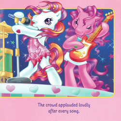 Size: 2350x2350 | Tagged: safe, artist:lyn fletcher, imported from derpibooru, skywishes, sunny daze (g3), earth pony, pony, bipedal, clothes, dancing, dress, drums, duo, eyes closed, female, g3, guitar, hoof hold, mare, microphone, microphone stand, musical instrument, playing instrument, pony pop stars, scan, singing