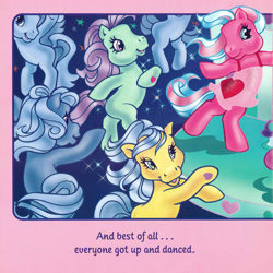 Size: 2350x2350 | Tagged: safe, artist:lyn fletcher, imported from derpibooru, cotton candy (g3), meadowbrook (g3), minty, earth pony, pony, bipedal, clothes, continuity error, crowd, dancing, dress, female, g3, mare, pony pop stars, scan, trio focus, unnamed character, unnamed pony