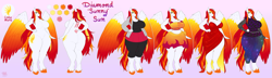 Size: 9853x2840 | Tagged: safe, artist:kerothestrange, imported from derpibooru, oc, oc only, oc:diamond sun, anthro, pegasus, unguligrade anthro, ass, big breasts, breasts, butt, cleavage, clothes, colored wings, dress, featureless breasts, featureless crotch, female, gradient background, hand on hip, hoodie, huge breasts, huge butt, large butt, leggings, long hair, long mane, long tail, mare, multicolored wings, reference sheet, sarong, skirt, socks, solo, tail, thighs, thunder thighs, unshorn fetlocks, wide hips, wings