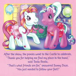 Size: 2350x2350 | Tagged: safe, artist:lyn fletcher, imported from derpibooru, sunny daze (g3), toola roola, earth pony, pony, clothes, dialogue, dress, duo, female, g3, mare, pony pop stars, scan