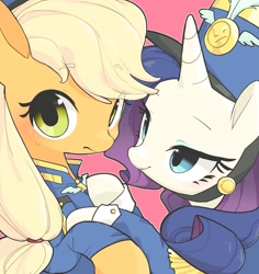 Size: 1890x2000 | Tagged: safe, artist:cheesesauce_45, imported from derpibooru, applejack, rarity, earth pony, pony, unicorn, ancient wonderbolts uniform, clothes, duo, female, lesbian, looking at you, mare, pink background, rarijack, sgt. rarity, shipping, simple background, uniform