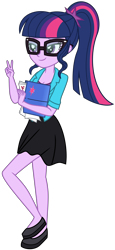Size: 4394x9539 | Tagged: safe, artist:emeraldblast63, imported from derpibooru, sci-twi, twilight sparkle, human, equestria girls, breasts, cleavage, clothes, female, glasses, peace sign, shoes, simple background, solo, transparent background