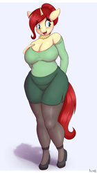 Size: 2808x5000 | Tagged: safe, artist:an-tonio, imported from derpibooru, oc, oc only, oc:golden brooch, anthro, unicorn, big breasts, blushing, breasts, busty golden brooch, chubby, cleavage, clothes, female, high heels, horn, jewelry, lipstick, milf, mother, necklace, open mouth, open smile, pantyhose, red lipstick, shoes, smiling, solo
