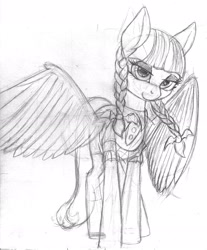 Size: 2550x3083 | Tagged: safe, artist:styroponyworks, imported from derpibooru, inky rose, pegasus, braid, clothes, female, lidded eyes, looking at you, mare, organs, sketch, smiling, solo, spread wings, traditional art, wings