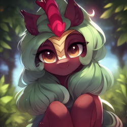 Size: 1024x1024 | Tagged: safe, imported from derpibooru, cinder glow, summer flare, kirin, pony, ai content, ai generated, cute, female, forest, generator:stable diffusion, looking at you, mare, smiling, solo