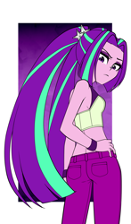 Size: 1000x1700 | Tagged: safe, artist:nekojackun, imported from derpibooru, aria blaze, human, equestria girls, abstract background, accessory, adorasexy, aria flat, ariabetes, arse-ia blaze, bracelet, breasts, clothes, cute, delicious flat chest, denim, eyelashes, eyeshadow, frown, hair tie, hand on hip, jeans, jewelry, looking at you, looking back, looking down, low angle, makeup, midriff, pants, pigtails, rear view, sexy, short shirt, sideboob, sleeveless, solo, tsundaria, tsundere, twintails, unamused
