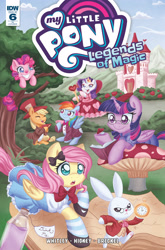 Size: 2063x3131 | Tagged: safe, idw, imported from derpibooru, angel bunny, applejack, fluttershy, pinkie pie, rainbow dash, rarity, twilight sparkle, alicorn, pony, legends of magic, spoiler:comic, alice, alice in wonderland, book, castle, cheshire cat, cover, mad hatter, mane six, march hare, mushroom, official comic, pocket watch, queen of hearts, tree, twilight sparkle (alicorn), white rabbit