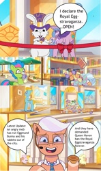 Size: 1282x2164 | Tagged: safe, edit, edited screencap, imported from derpibooru, screencap, queen haven, pegasus, pony, rabbit, unicorn, spoiler:g5, spoiler:my little pony: tell your tale, spoiler:tyts01e48, animal, bathroom, book, bookshelf, bowtie, chocolate egg, comic, eggmund bunny, female, food, g5, hat, leaf (g5), luminous dazzle, male, mare, my little pony: tell your tale, sandwich, scissors, screencap comic, skye silver, speech bubble, stallion, text, the hunt for eggmund bunny, top hat, unnamed character, unnamed pony