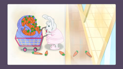 Size: 3072x1727 | Tagged: safe, imported from derpibooru, screencap, rabbit, spoiler:g5, spoiler:my little pony: tell your tale, spoiler:tyts01e48, animal, carrot, clothes, eggmund bunny, food, frown, g5, male, my little pony: tell your tale, slippers, solo, the hunt for eggmund bunny, trolley