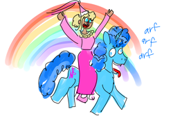 Size: 4200x2800 | Tagged: safe, artist:horsesplease, imported from derpibooru, party favor, human, pony, unicorn, barking, blonde, camp camp, clothes, derp, doggie favor, doggiecorn, doodle, dress, fangirl, female, girly, humans riding ponies, jen (camp camp), male, panting, princess, rainbow, riding, rooster teeth, simple background, stallion, stupid, white background