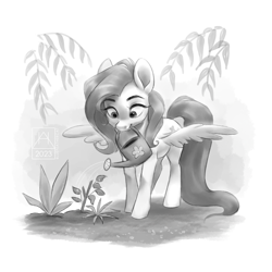 Size: 2160x2160 | Tagged: safe, artist:bluefeathercat, imported from derpibooru, fluttershy, pegasus, pony, female, flower, g4, grayscale, mare, monochrome, mouth hold, signature, simple background, solo, spread wings, watering, watering can, white background, wings