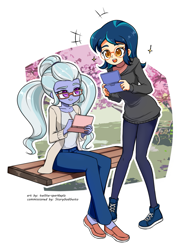 Size: 1049x1373 | Tagged: safe, artist:twilite-sparkleplz, imported from derpibooru, indigo zap, sugarcoat, human, equestria girls, alternate hairstyle, bench, clothes, duo, duo female, female, glasses, nintendo ds, pants, pigtails, sweater, twintails