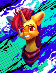 Size: 1280x1670 | Tagged: safe, artist:teaflower300, imported from derpibooru, oc, oc only, pony, unicorn, abstract background, bust, commission, horn, portrait, smiling, solo, unicorn oc