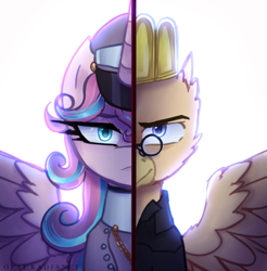 Size: 2800x2840 | Tagged: safe, artist:opal_radiance, imported from derpibooru, princess flurry heart, oc, oc:grover vi, alicorn, griffon, pony, equestria at war mod, colored wings, commission, duo, duo male and female, eyebrows, fanfic art, female, frown, griffon oc, high res, male, simple background, smiling, smirk, solo, spread wings, white background, wings