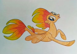 Size: 4013x2841 | Tagged: safe, artist:valpinamoon, imported from derpibooru, haven bay, seapony (g4), my little pony: the movie, dorsal fin, female, fin, fin wings, fins, fish tail, flowing tail, open mouth, open smile, recolor, red mane, red tail, simple background, smiling, solo, swimming, tail, traditional art, white background, wings