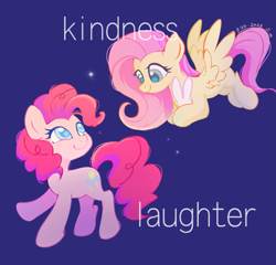 Size: 2383x2289 | Tagged: safe, artist:starfallmoonlight, imported from derpibooru, fluttershy, pinkie pie, earth pony, pegasus, blue background, cute, duo, female, flying, looking at each other, looking at someone, simple background, smiling