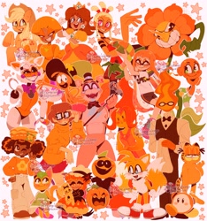 Size: 1916x2048 | Tagged: safe, artist:honwowo, imported from derpibooru, applejack, anthro, cat, earth pony, human, pony, robot, adventure time, amputee, animal crossing, animatronic, bowtie, cagney carnation, cartoon network, clothes, color collage, cookie run, cuphead, darwin watterson, disney, dress, five nights at freddy's, five nights at freddy's: security breach, five nights at freddy's: sister location, flame princess, flowey, food, garfield, glamrock freddy, glasses, grillby, hat, hook hand, inkling girl, kirby (series), lolbit, mayday, microphone, miles "tails" prower, nintendo, no straight roads, ok ko let's be heroes, orange, orange blossom (strawberry shortcake), pants, princess daisy, prosthetics, pump, pump (spooky month), pumpkin, pumpkin (steven universe), pumpkin pie cookie, scooby doo, sega, shannon, shirt, sonic the hedgehog (series), splatoon, spooky month, sr pelo, steven universe, strawberry shortcake, super mario bros., tangy, the amazing world of gumball, top hat, undertale, velma dinkley, vest, waddle dee, wander (wander over yonder), wander over yonder