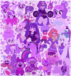 Size: 1916x2048 | Tagged: safe, artist:honwowo, imported from derpibooru, twilight sparkle, alicorn, anthro, human, pony, robot, abby park, adventure time, amethyst (steven universe), anarchy stocking, animal crossing, animal crossing: new leaf, animatronic, anime, ballora, battle for dream island, belly button, blaze the cat, blushing, bob, bonnie (fnaf), breasts, cala maria, cartoon network, chowder, cleavage, color collage, cookie run, cuphead, daphne blake, dc comics, disney, facial hair, five nights at freddy's, gem, happy tree friends, jelly jamm, king dice, kirby (series), lammy, lollipop (battle for dream island), lumpy space princess, marx, midriff, moustache, ongo, panty and stocking with garterbelt, pixar, plushie, poison mushroom cookie, purple, purple guy, raven (dc comics), scooby doo, skullgirls, sonic the hedgehog (series), squigly, steven universe, teen titans, tongue out, toriel, turning red, twilight sparkle (alicorn), undertale