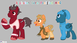Size: 7111x4000 | Tagged: safe, artist:melisareb, imported from derpibooru, part of a set, earth pony, pegasus, pony, .svg available, 16:9, absurd resolution, alphabet lore, bald, beanie, clothes, crossover, dock, gray background, hairless, hat, leg warmers, m, male, n, o, one eyed, open mouth, raised hoof, scarf, shirt, simple background, sleeveless, sleeveless shirt, species swap, stallion, sweater, tail, trio, trio male, unshorn fetlocks, vector, wat, wavy mouth, wings, wristband