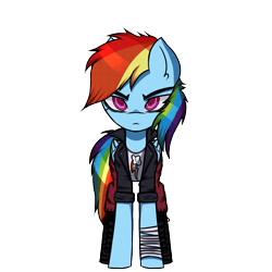 Size: 1000x1000 | Tagged: safe, artist:menalia, imported from derpibooru, rainbow dash, pegasus, pony, bandage, boots, clothes, danganronpa, female, jacket, leather, leather jacket, looking at you, mare, pants, shirt, shoes, simple background, solo, sprite, style emulation, tomboy, transparent background, wings