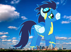 Size: 2048x1499 | Tagged: safe, artist:dashiesparkle, edit, editor:jaredking779, imported from derpibooru, soarin', pegasus, pony, clothes, dallas, giant pegasus, giant pony, goggles, highrise ponies, irl, macro, male, mega giant, photo, ponies in real life, solo, stallion, story included, texas, uniform, wonderbolts uniform