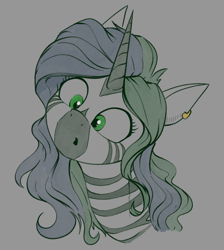 Size: 850x950 | Tagged: safe, artist:stray prey, imported from derpibooru, oc, oc only, oc:forest glade, hybrid, zebra, zebracorn, zony, bust, ear piercing, earring, female, gray background, horn, hybrid oc, jewelry, mare, piercing, portrait, simple background, solo, surprised