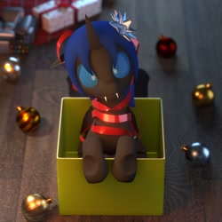 Size: 1080x1080 | Tagged: safe, artist:wubbydubbyda, imported from derpibooru, oc, oc only, oc:swift dawn, changeling, 3d, blender, blue changeling, blue eyes, blurry background, bow, changeling oc, christmas, christmas changeling, commission, cute, detailed background, ears at angle, fangs, head tilt, holiday, horn, if i fits i sits, looking at you, ocbetes, ornaments, present, ribbon, smiling, solo, wooden floor, ych result