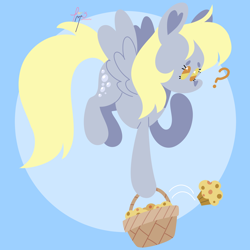 Size: 3000x3000 | Tagged: safe, artist:fizzlefer, imported from derpibooru, derpy hooves, pegasus, pony, basket, blue background, cute, derpabetes, female, flying, food, mare, muffin, question mark, simple background, solo