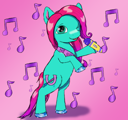 Size: 1800x1700 | Tagged: safe, artist:the crystal artist, derpibooru exclusive, imported from derpibooru, earth pony, pony, cute, female, g5, gradient background, gradient mane, hoof polish, jazz hooves, jazzibetes, looking at you, mare, microphone, music notes, one eye closed, open mouth, pink background, raised hoof, rearing, shading, simple background, smiling, solo, sparkles, standing on two hooves, wink, winking at you
