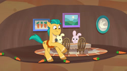 Size: 3072x1727 | Tagged: safe, imported from derpibooru, screencap, hitch trailblazer, earth pony, pony, rabbit, spoiler:g5, spoiler:my little pony: tell your tale, spoiler:tyts01e48, animal, carrot, dining room, food, g5, male, my little pony: tell your tale, picture, picture frame, stallion, table, the hunt for eggmund bunny, trio, underground