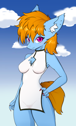 Size: 2180x3600 | Tagged: safe, artist:crystal eve, artist:crystaleve, imported from derpibooru, oc, oc only, oc:gale spark, anthro, chest fluff, chinese dress, clothes, dress, ear fluff, hand on hip, looking at you, sharp nails, smiling, solo