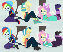 Size: 3264x2705 | Tagged: safe, artist:splendidbondage, imported from derpibooru, applejack, fluttershy, rainbow dash, human, equestria girls, bondage, bound and gagged, caroling, clothes, comparison, dress, gag, humanized, long dress, long skirt, skirt, tape, tape gag, tied up, victorian, victorian dress